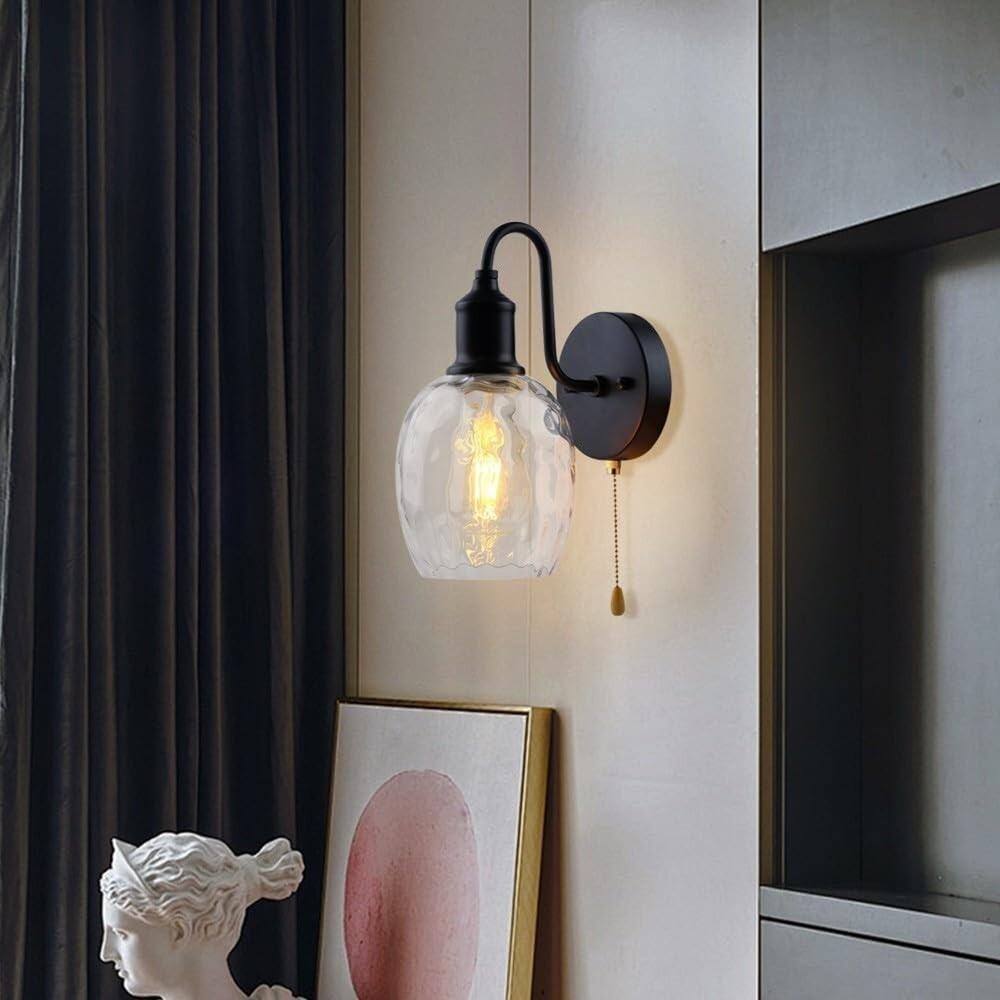 Industrial Gooseneck Wall Sconce w/ Water Ripple Glass & Pull Chain Switch